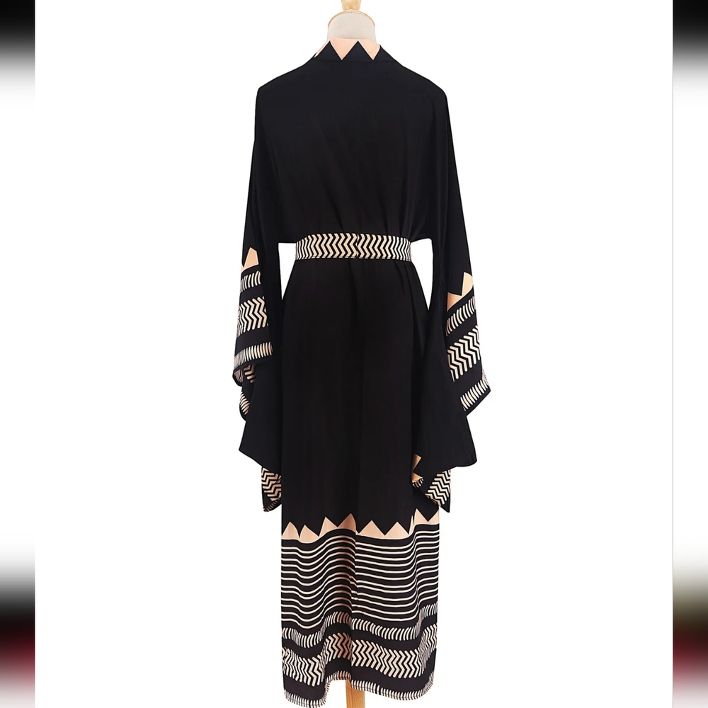 Aztec Tribal Black Bohemian Vintage Styled Kimono, Resortwear Robe Duster - Picture 8 of 8
